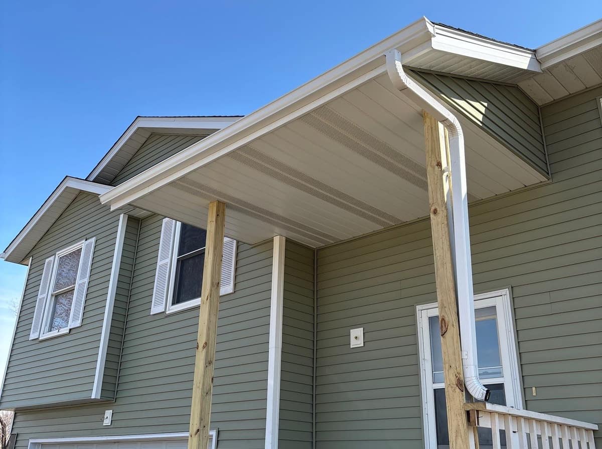 Olive green siding with a white seamless gutter and downspout on a two-story home in St. Joseph, MN