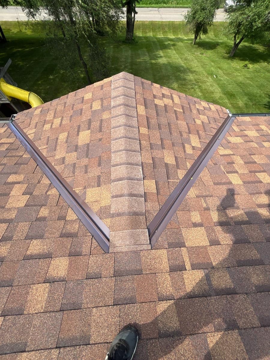 Valley flashing where two roof planes meet on the new Monticello roof