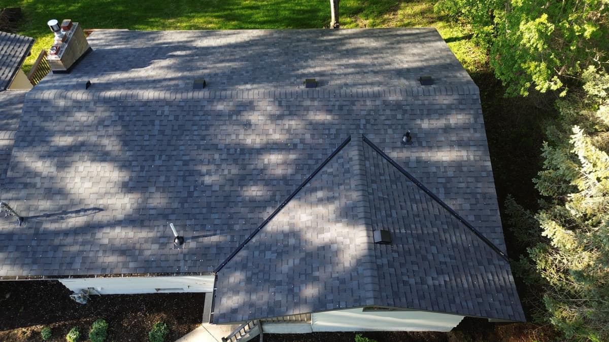 Drone view across the new Sartell roof with roof vents along the ridge