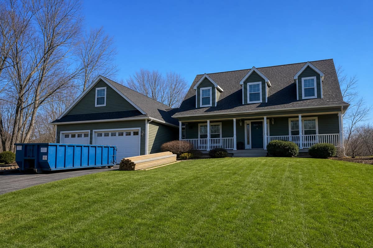 Two-story home in Sartell, MN during a full roof replacement